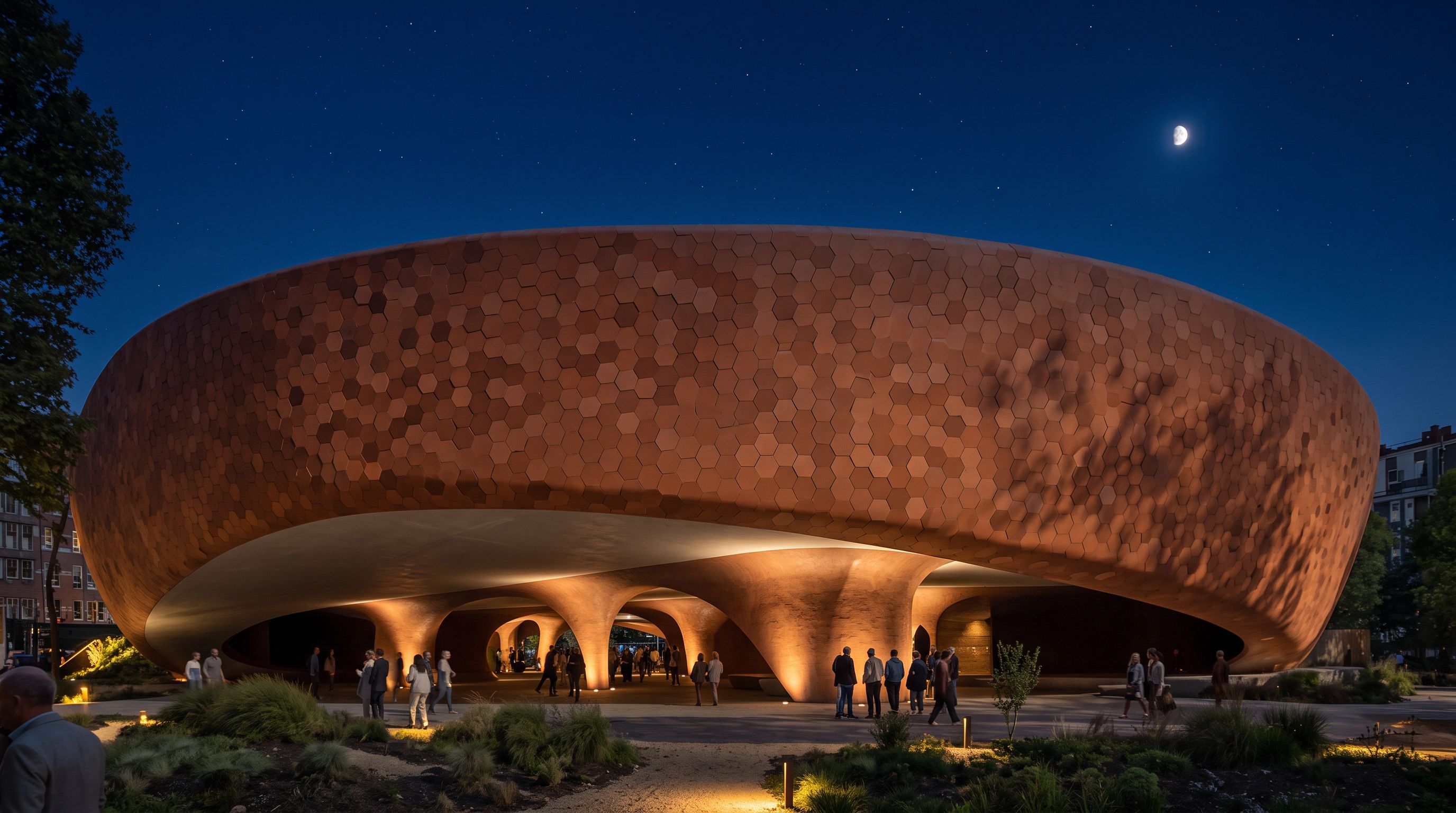 Astra Arena at night, the terracotta drum lit from below above the glowing undercroft
