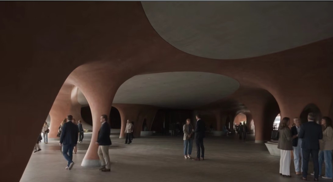Sculpted terracotta columns in the covered public undercroft